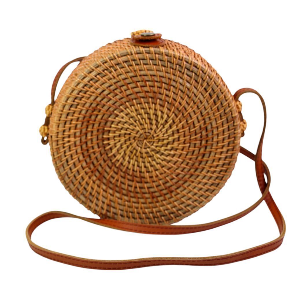 HANDCRAFTED NATURAL WICKER TAN BROWN LEATHER STRAP X-BODY SHOULDER BAG HANDBAG